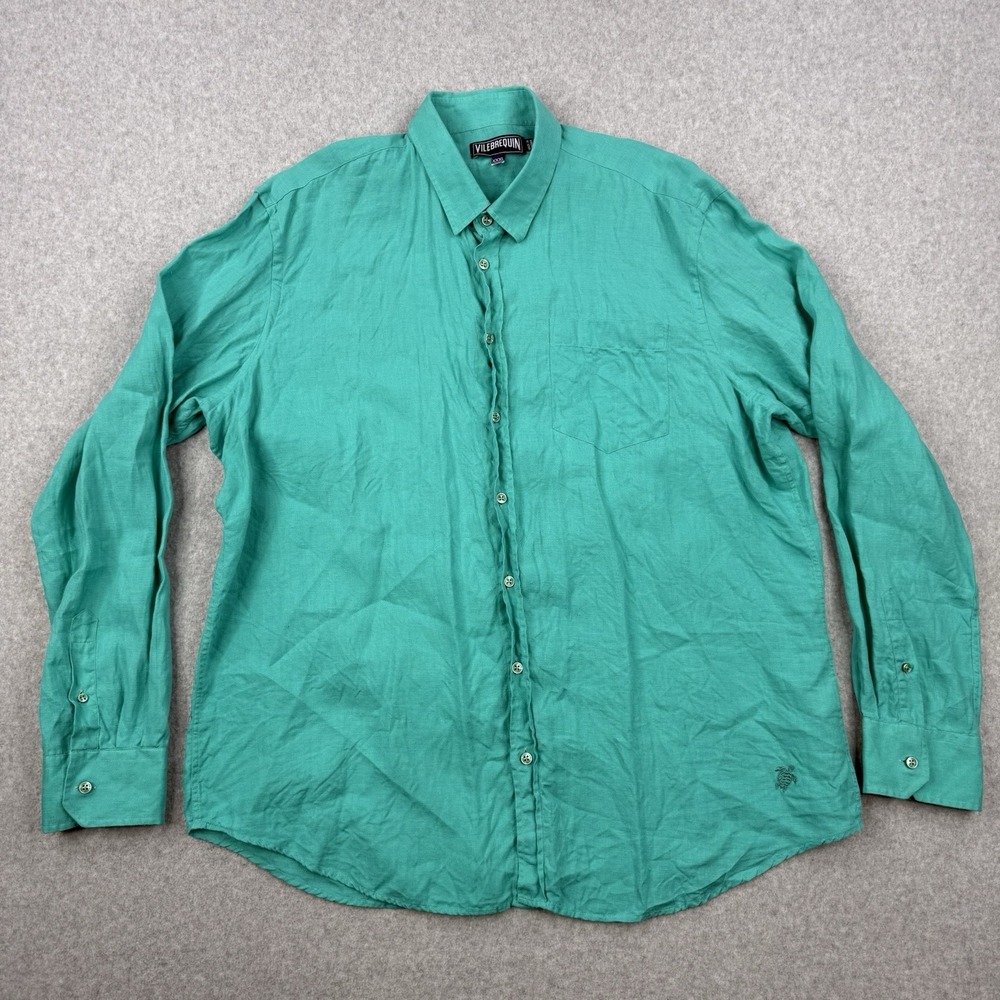 Vilebrequin Shirt Mens 3XL Green 100% Linen‎ Lightweight Button Up Long Sleeve